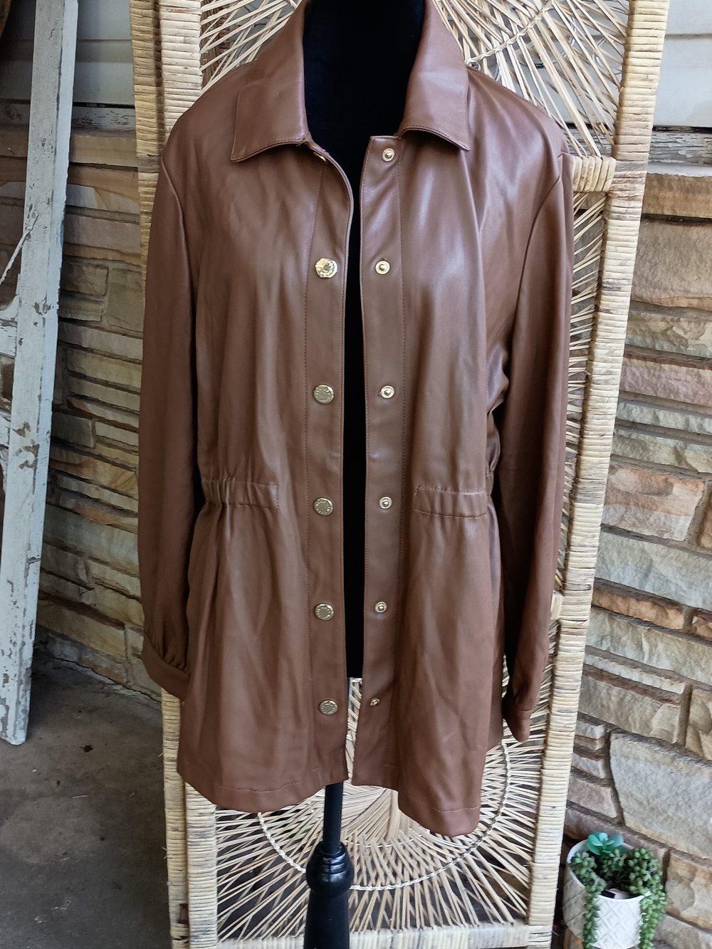 Marc New York Andrew Marc Women's Brown Faux Leather Button Front Jacket_L